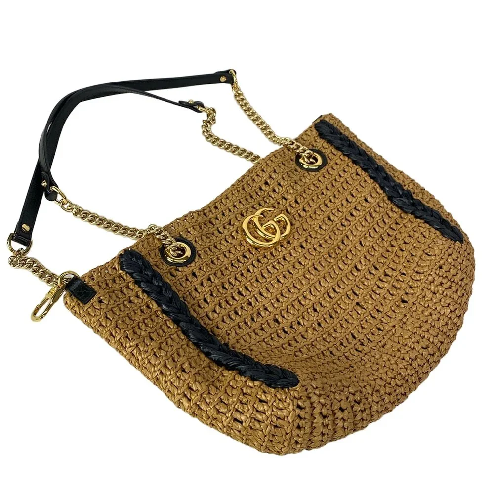 Gucci GG Marmont Tote Bag 574432 Light Brown Black Raffia Leather